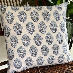 15 1/2 Inch Block Print Pillow Cover, Navy, Light Blue On White, Zipper, Same Print Both Sides, Bed, Sofa, Couch, Chair, Dorm, Nursery