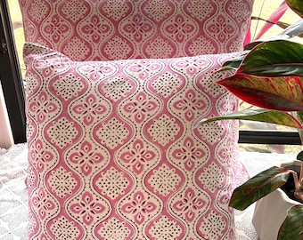 Block Print Pillow Cover, 20 Inch Pink & White With White Piping