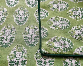 20 Inch Block Print Pillow Cover, Green And White With Deep Green Piping, 100% Cotton