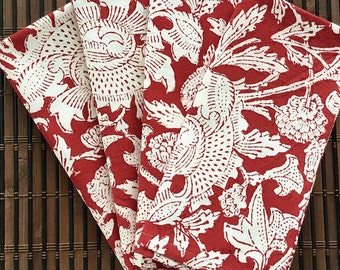 Block Print Napkins, Set Of 4 Cotton Red And Bright White Floral Table Decor