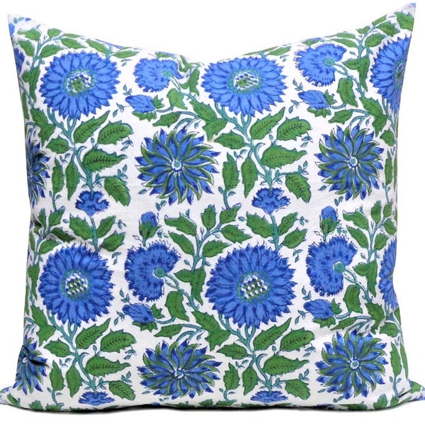 20 Inch Block Printed Pillow Cover, Traditional India Floral Print, Zipper Closure