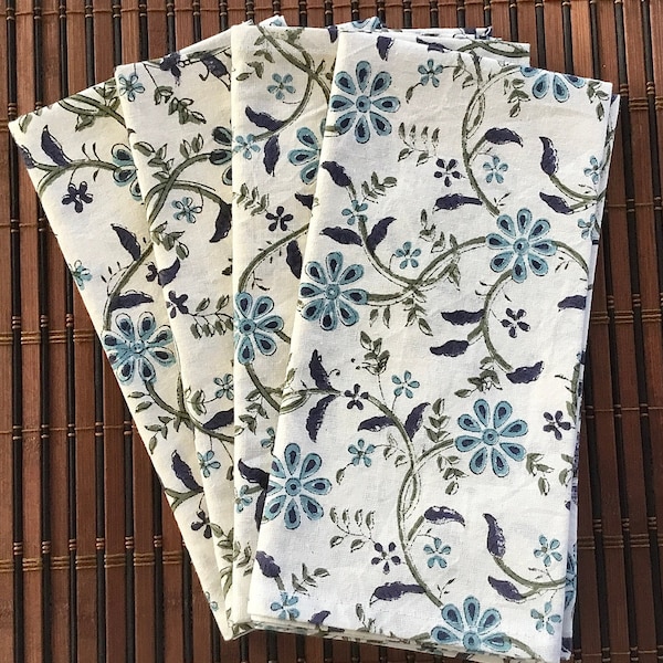 Block Print Dinner Napkins, 18 inch Set Of 4, Hand Printed Cotton Colorful Floral Table Napkins, Party, Hostess, Housewarming, Gift