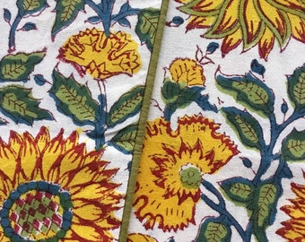 20 Inch Block Print Pillow Cover, Colorful Sunflower Print, Piping, Zipper, 100% Indian Cotton