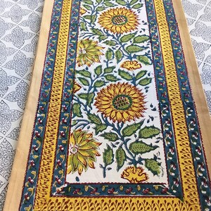 13x67 Inch Table Runner, Block Printed Colorful Sunflower, 100% Cotton Canvas