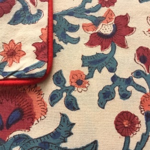 20 Inch Block Print Pillow Cover, Colorful Floral With Piping, Zipper, 100% Cotton