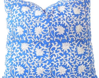 15 Inch Block Print Pillow Cover, Bright Blue And White Floral, Sofa And Bed Accent Pillow