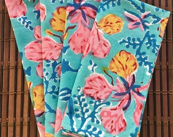 Block Print Dinner Napkins, 18 inch Set Of 4, Hand Printed Cotton Colorful Tropical Floral Table Napkins, Party, Hostess, Housewarming Gift