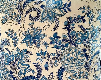 15 Inch Block Print Pillow Cover, Blue And White Floral, Zipper, Small Accent Pillow