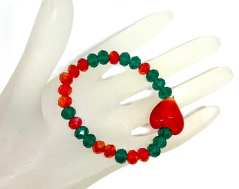 Christmas Red,Green Rondelle 8mm Crystal, Bracelets,Red ,Green Crystal Bracelet,Red Heart Bracelets,Gift for Her,Women,Love ,Heart Bracelet