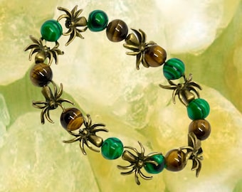 Halloween Bracelet Jewelry,,Brown Tiger Eye,Green Malachite ,Copper Spider 8mm Gemstone Bracelet,Man,Women Halloween Spider Bracelet