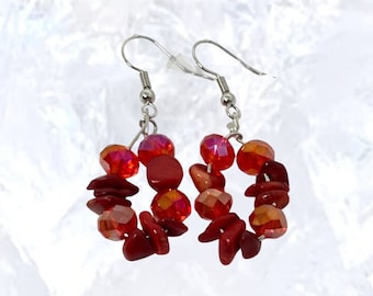 Dangling Gemstone Red Coral Crystal  Earring,Silver Earring,Gift Earring,Love Earring,Red Earring,Friendship Earring,Women,Girl Earring