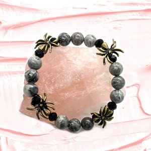 Halloween Map Jasper 8mm Grey Bracelet,4mm Black Crystal Bracelet,,Copper Bracelet,Spider Bracelet,Halloween Gift,Man,Women Bracelet