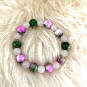 Rose Quartz Pink Faceted Ceramic Porcelain Women Bracelet,White, Pink and Green Beaded Stretch Bracelet,Women,Girl Gift Quartz Bracelet