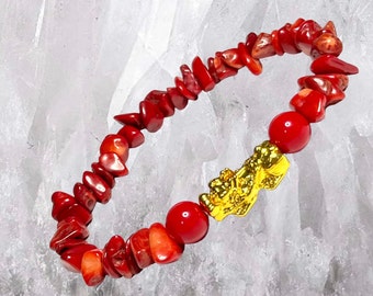 Red Coral Gold Pixiu ,6mm/8mm Chip Bracelet, Red Bracelet,Gold Bracelet ,Love Gemstone,Good Fortune Money Bracelet ,Man Women Bracelet