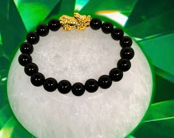 8mm Black Obsidian Gemstone Gold  Pixiu Bracelet,Man,Women Bracelet, ,Wealth,Luck ,Good Fortune Bracelet,Chakra bracelet