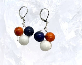 Broncos Earring,Orange Beads,Blue Lapis Lazuli Gemstone,White Beads Earring,Silver Earring,Love Earring,Women,Girl Gift Earring
