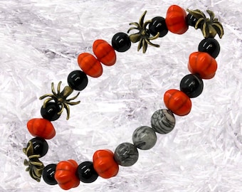 Pumpkin Orange Beads ,Halloween Spider Bracelet,Spider Map Jasper Bracelet,Black Obsidian Bracelet,Man,Women Gift Halloween Bracelet