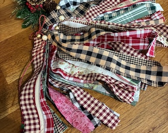 50 Christmas Multi Color Fabric Strips, Asst Prints, Homespun, Green and Reds 1 Inch x 18 Inch Primitive Crafting