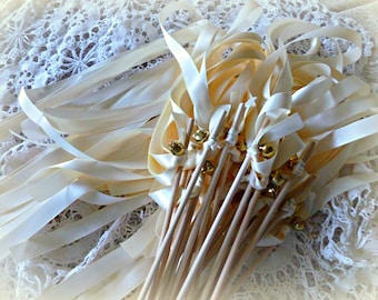 75 Ivory Wedding Wands with Gold Bells: Ribbon Sendoff Twirlers