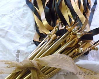 Elegant Wedding Wands: Gold & Black Ribbons, Hand-Painted Bells