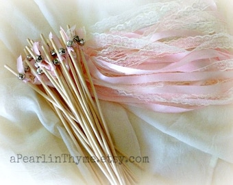 Pink Lace Wedding Wands with Silver Bell: Ribbon Streamers
