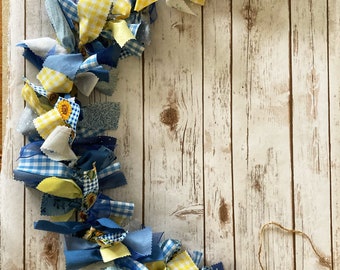 Blue and Yellow Rag Tie Banner: Spring Garland, Baby Shower Decor