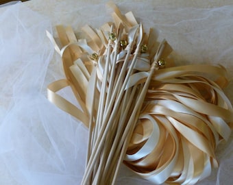 Toffee & Ivory Ribbon Wedding Wands with Gold Bells (Set of 150)