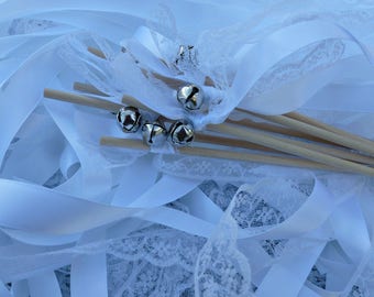 White Wedding Wands: Satin Ribbon & Lace with Bells