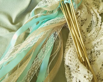 Turquoise Ribbon Wedding Wands: Burlap & Lace Send Off Favors