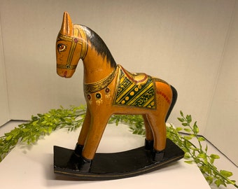 Vintage Rocking Horse Trojan Horse Sculpture Hand Painted Gold Gilt Folk Art