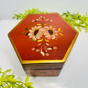 Vintage Hand Painted Wooden Hexagon Read Box with Blossoms