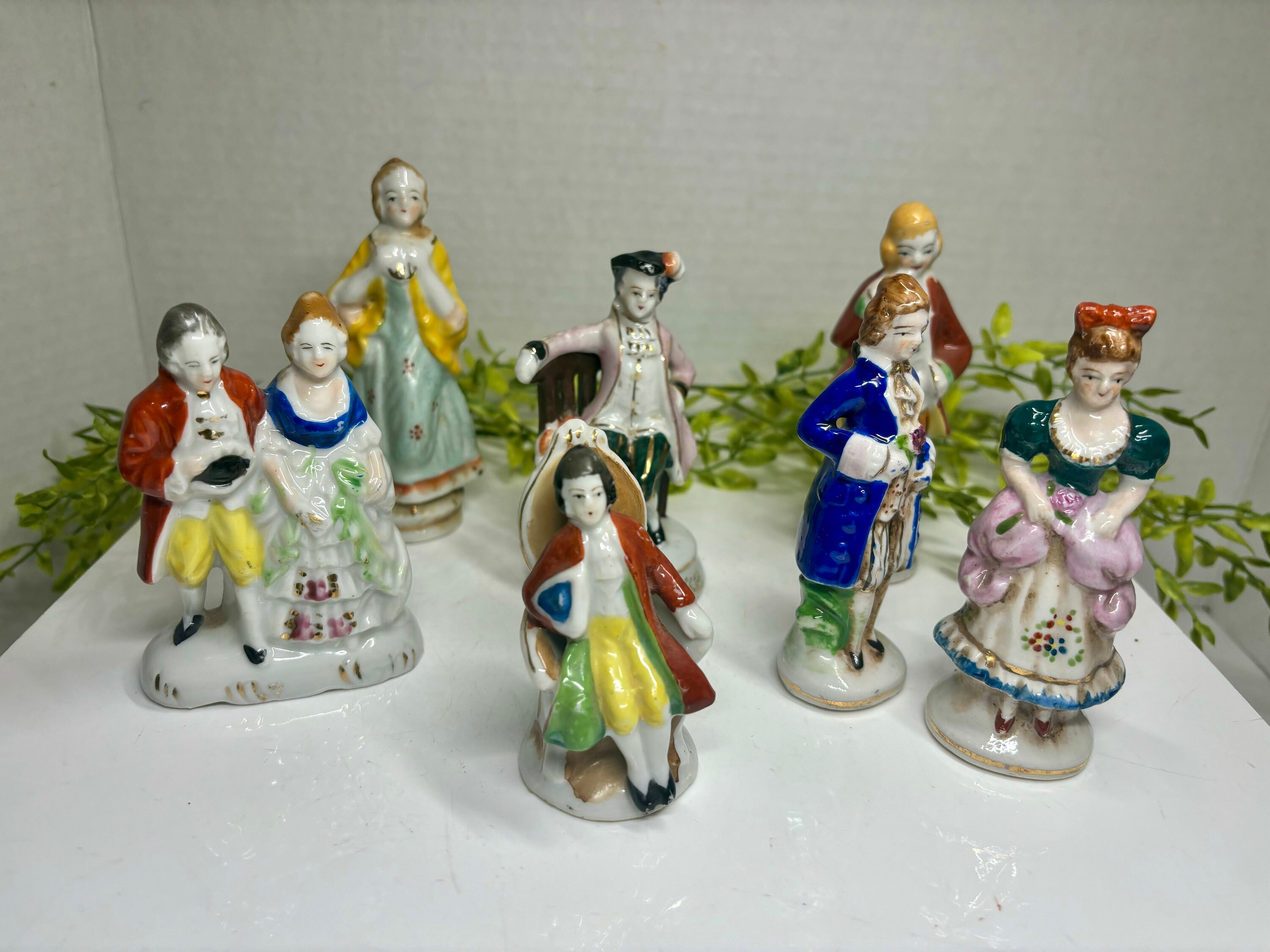 Lot of 7 Antique Porcelain Colonial Figurines Occupied Japan 1940s