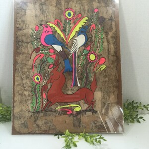 Folk Art Vintage Tree Bark Painting Vibrant