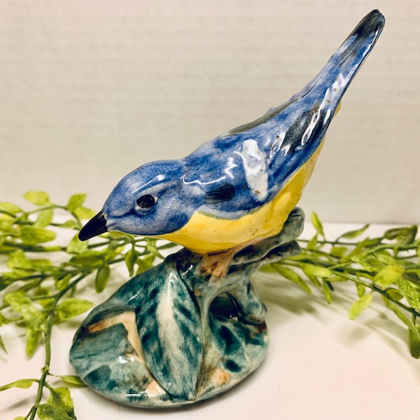 Genuine, Stangl Porcelain Bird Figurine Blue Head and Yellow Breast #3583 Signed by Artist