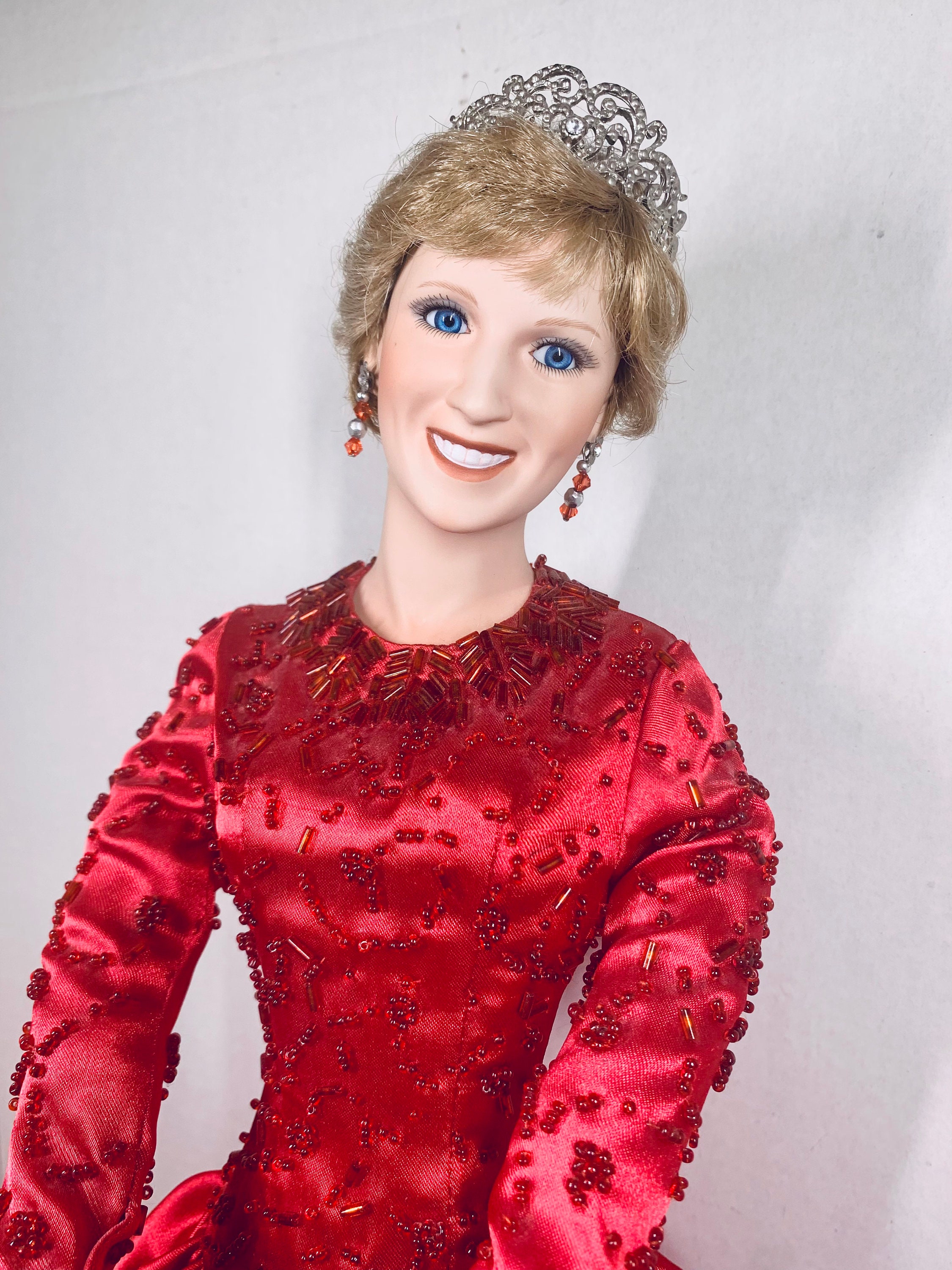 princess diana porcelain doll red dress Lot of 3 Princess Diana Porcelain Dolls Pearl Gown Red Gown Blue Gown  Lovely