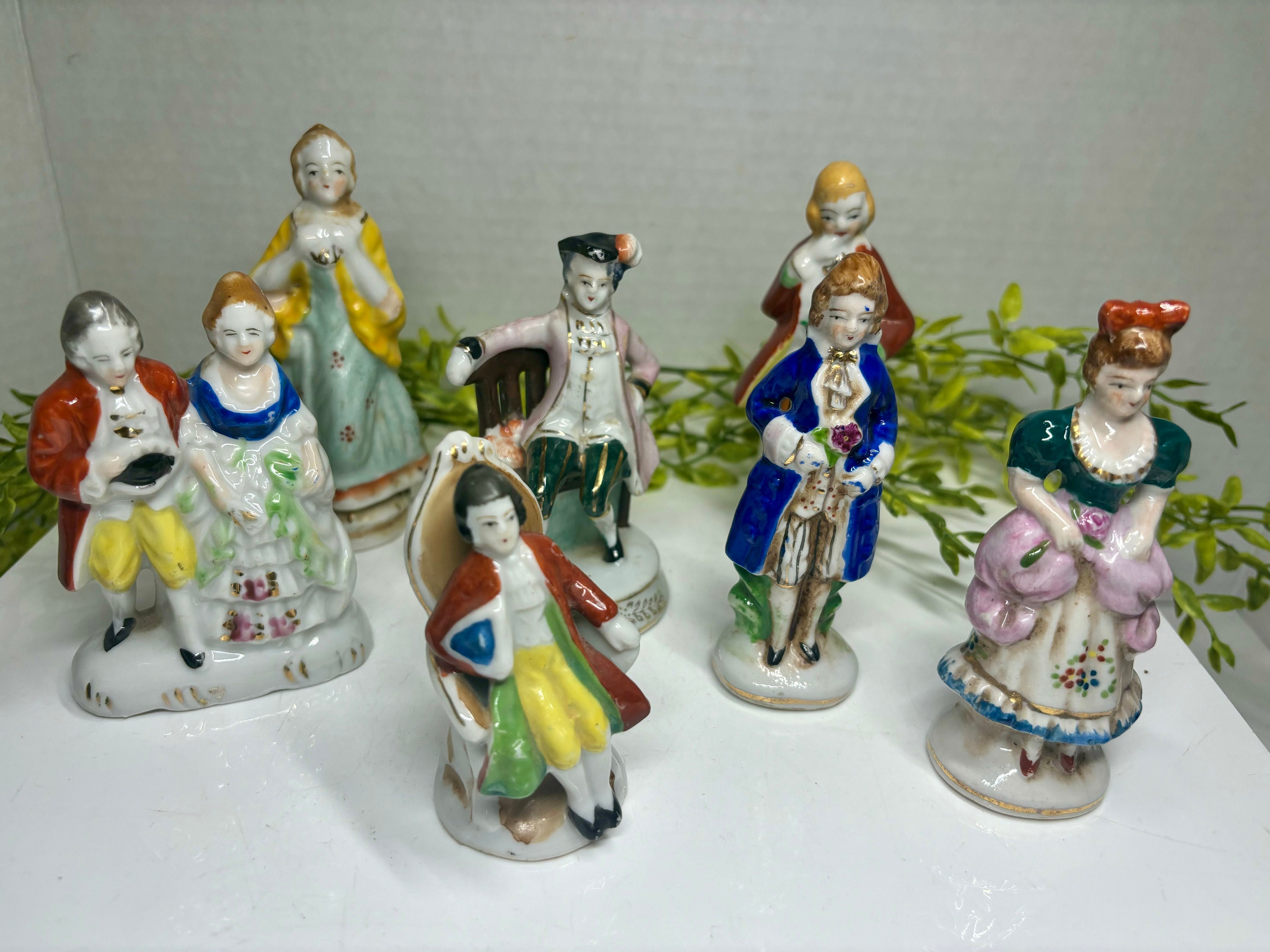 Lot of 7 Antique Porcelain Colonial Figurines Occupied Japan 1940s