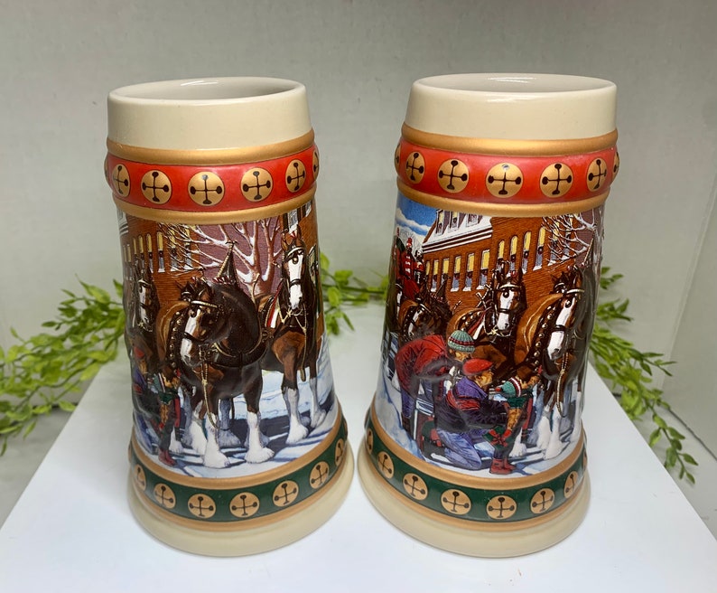 Two Vintage Budweiser Holiday Stein Collection Steins Etsy