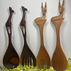 Handcarved Wooden Serving Spoons African Animals Elk and Giraffe