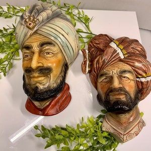Pair of Vintage Royal Crown Original Arnart Creation Two Sheik Wall Mask Plaque