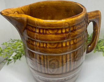 Antique Large Brushed McCoy Stoneware Pitcher 1900 to 1930 Brown Glaze