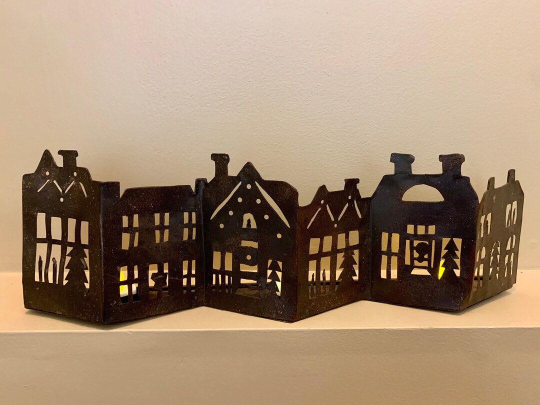 Rare Tealight Town Old Vintage Hand Made Metal Village Houses FREE