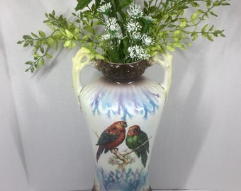 Antique Austrian Porcelain Vase with Parrot Design, Late 1800s