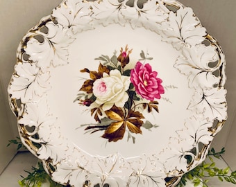 Antique German Floral Porcelain Display Plate, Hand-Painted 11.5"