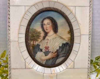 Antique Miniature Portrait, Queen Henrietta Maria, Signed A Van Dyck