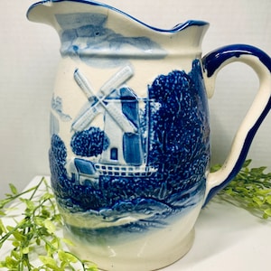 Mid Century 1950 Dutch Windmill Blue and White porcelain Large Pitcher Made in Japan