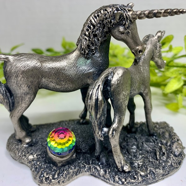 Spirits of the Forest Pewter Crystal Unicorns Signed Roger Gibbons Unicorns Figurine Made in Great Britain