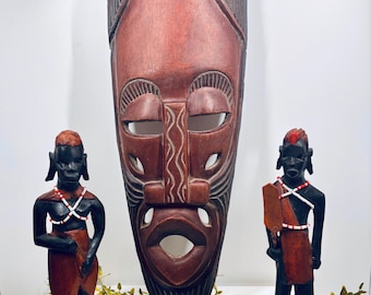 Vintage African Ghana Tribal Mask with Pair of Masai Warriors Hand Carved African Art