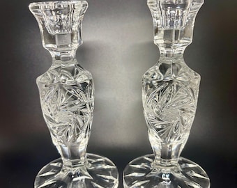 American Brilliant Pinwheel Lead Crystal Candlesticks Vintage