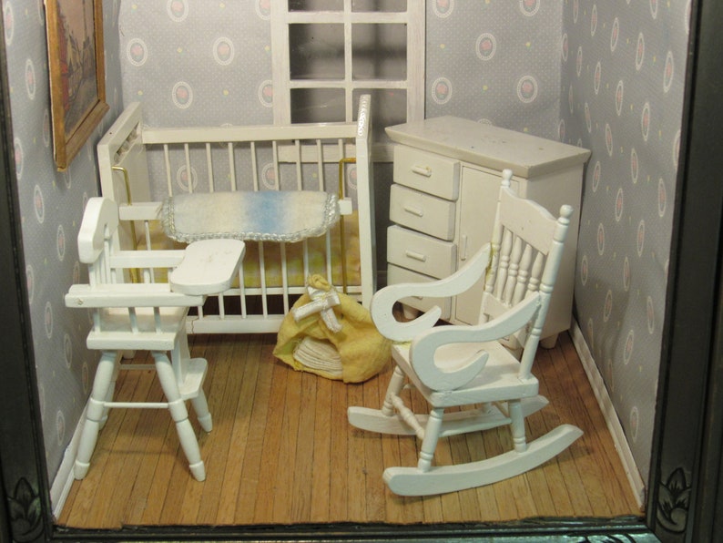 Dollhouse miniature white wooden baby rocking cradle crib nursery room TDO