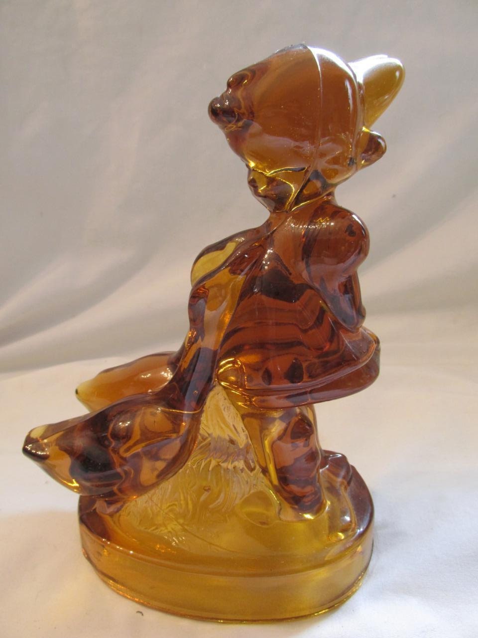Amber Glass Goose Girl or Vintage Girl With Geese Large Amber